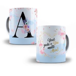 Caneca personalizada com letras do alfabeto floral azul