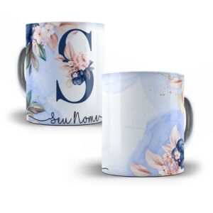 Caneca personalizada com letras do alfabeto azul floral