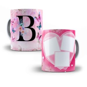 Caneca personalizada com letras do alfabeto coração rosa com três fotos