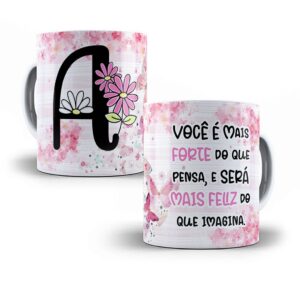 Caneca personalizada com letras do alfabeto floral com frases